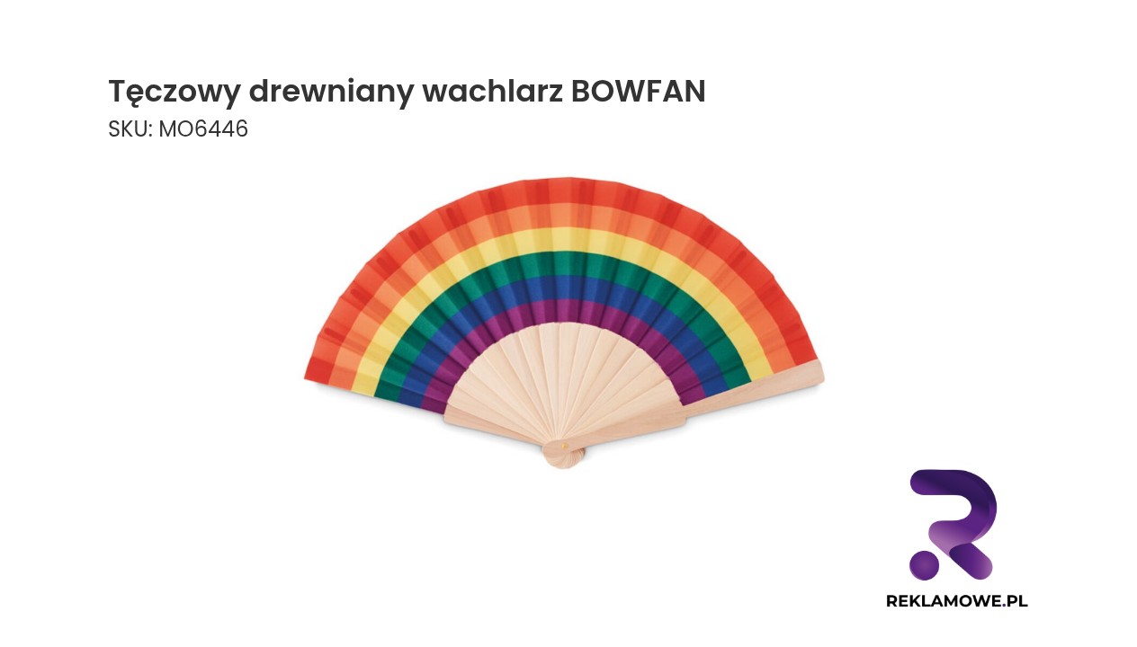 Tęczowy drewniany wachlarz BOWFAN Ręcznie robiony tęczowy drewniany wachlarz marki BOWFAN